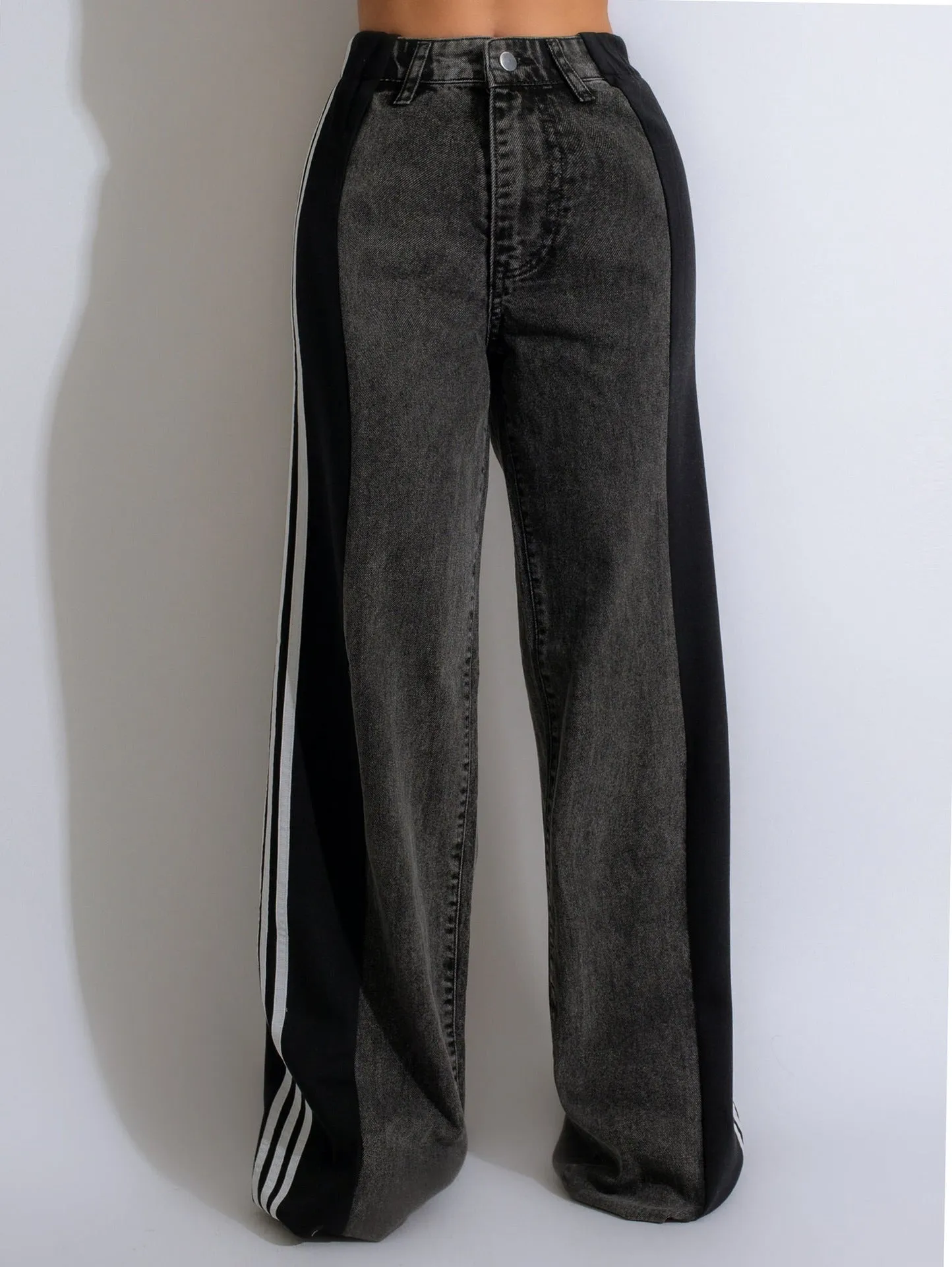 High Waist Straight Leg Side Stripe Stretch Denim Pants