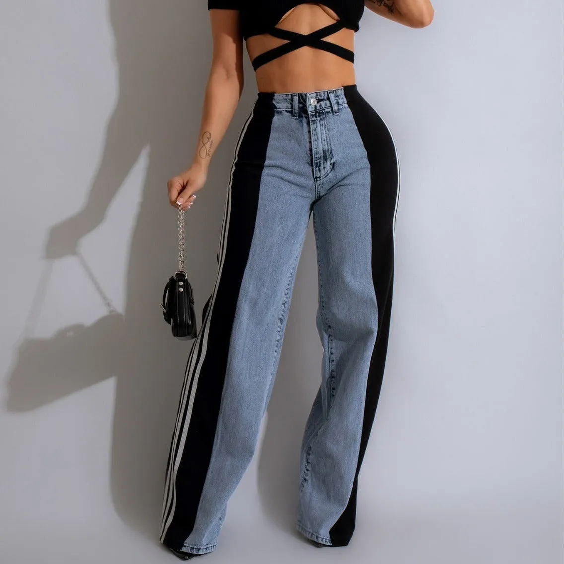 High Waist Straight Leg Side Stripe Stretch Denim Pants