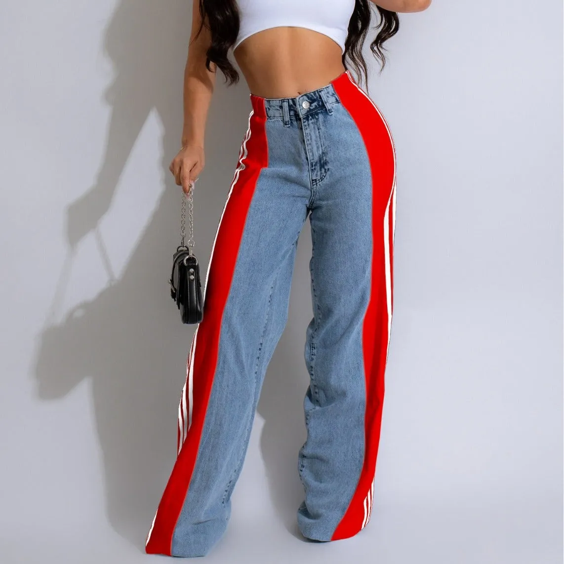 High Waist Straight Leg Side Stripe Stretch Denim Pants