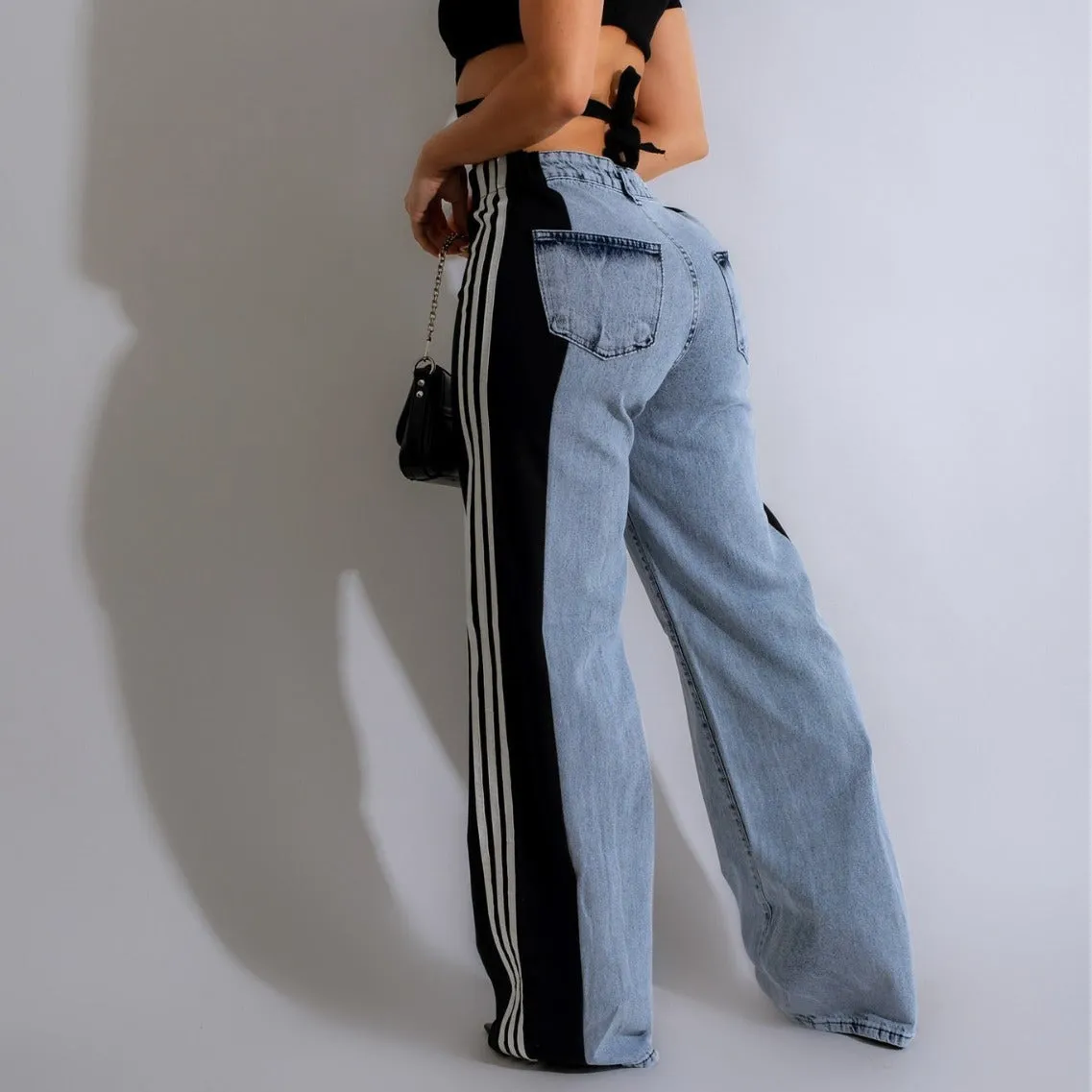 High Waist Straight Leg Side Stripe Stretch Denim Pants