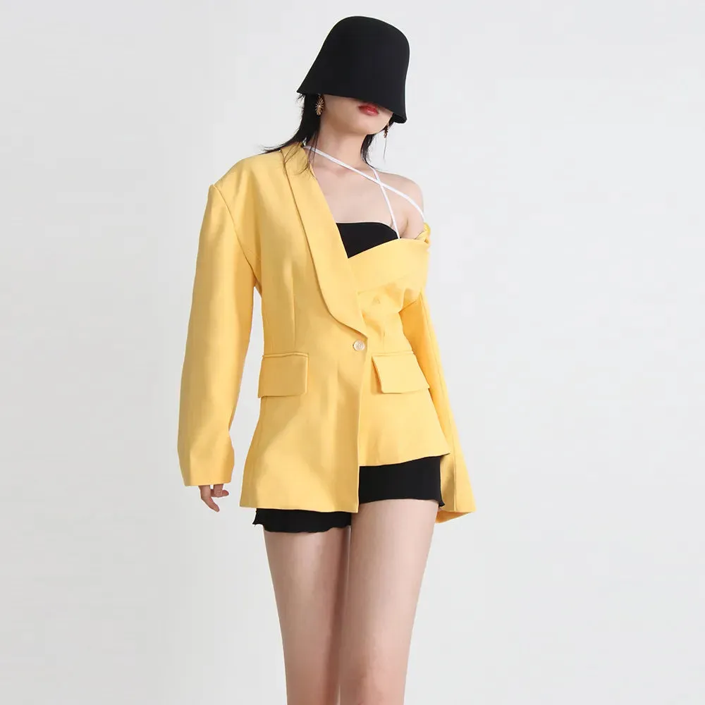 Hollow Out Blazers For Women Notched Collar Long Sleeve Slim Spliced Pocket Blazer Female Fashion Style Clothing