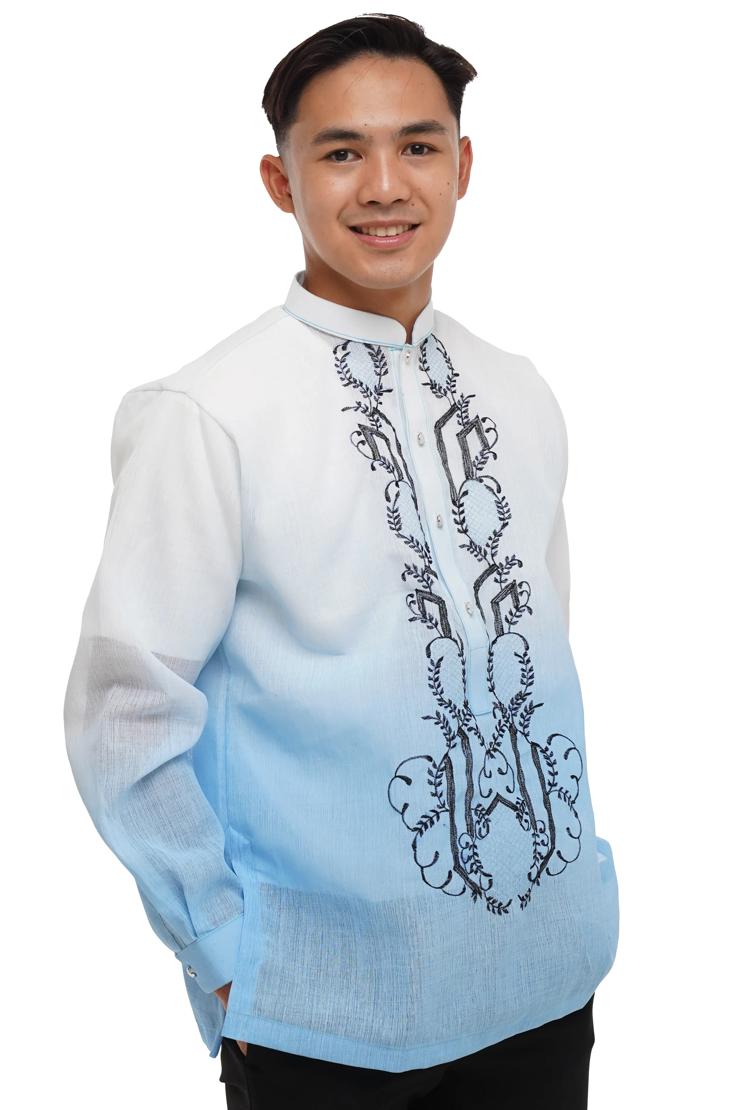 Jusi Blue Chinese Collar Barong Tagalog -  Michael - JV44