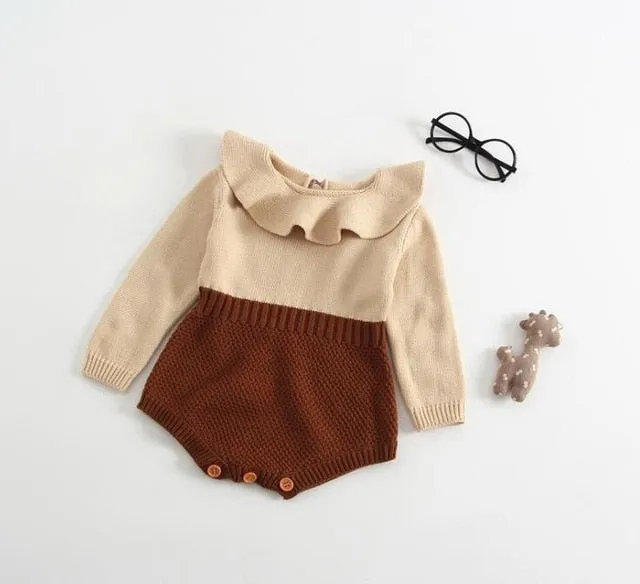 Knit-Bottom Romper With Frill Neck