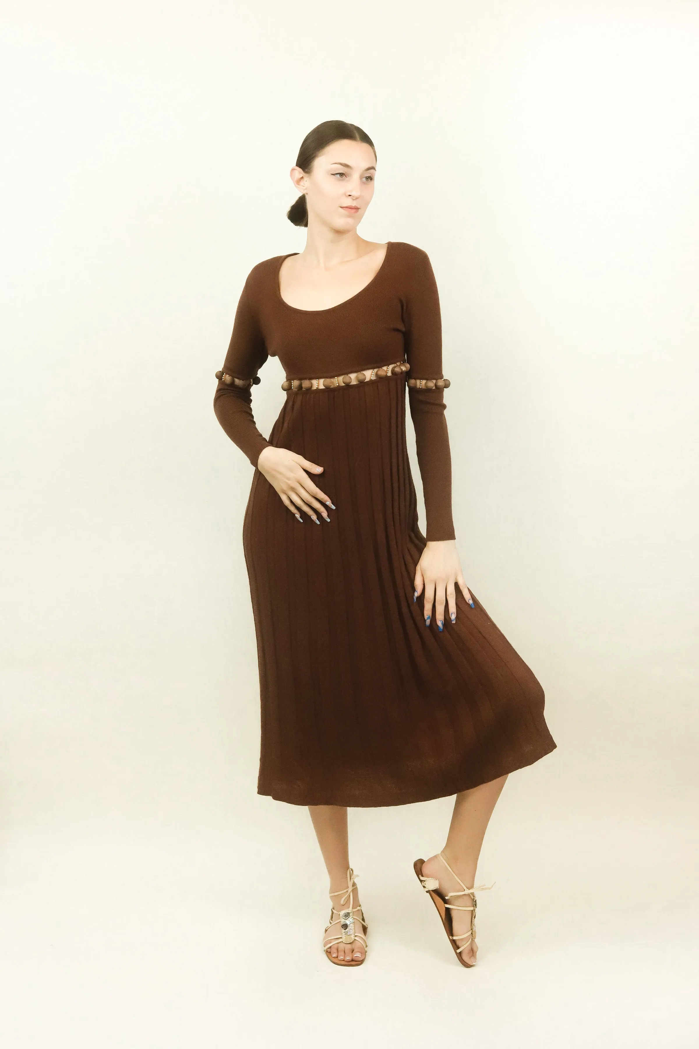 Laura Biagiotti Brown Knit Cut Out Beaded Dress