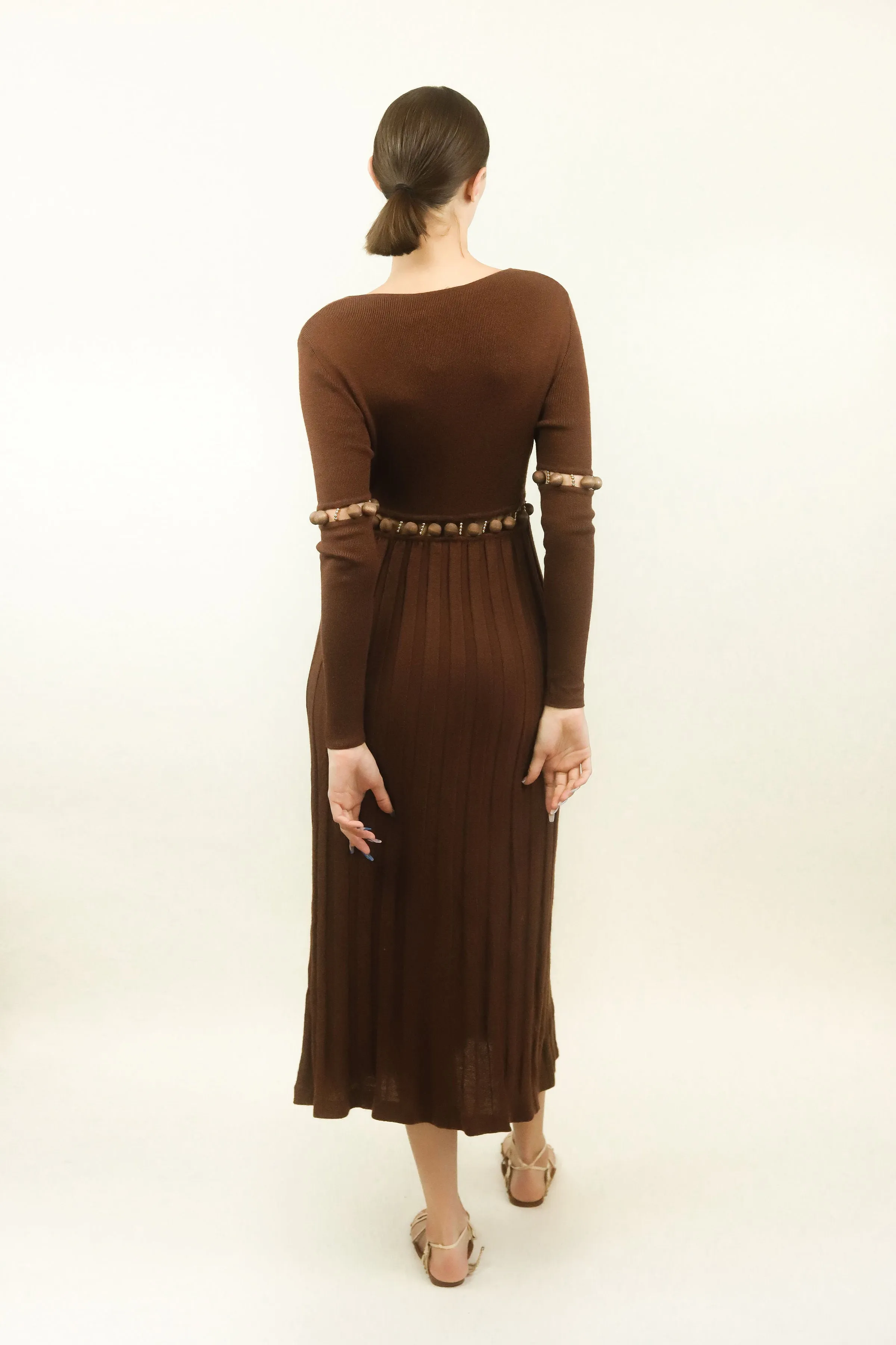 Laura Biagiotti Brown Knit Cut Out Beaded Dress