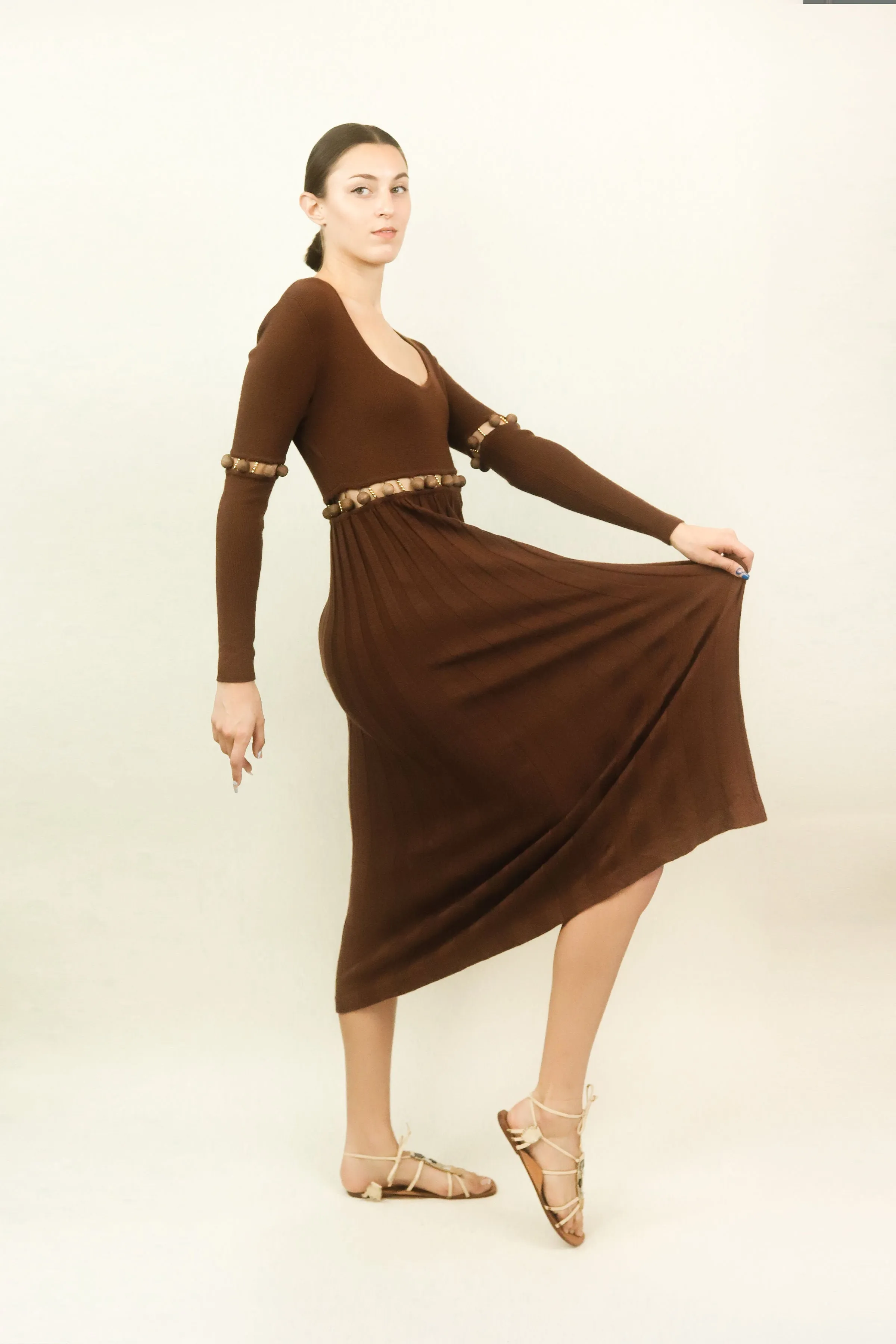 Laura Biagiotti Brown Knit Cut Out Beaded Dress