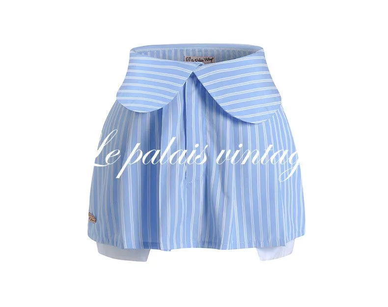 Le Palais Vintage Luxury Blue Striped Crop Shirt Pleated Skirt Pumpkin Shorts-Janetta