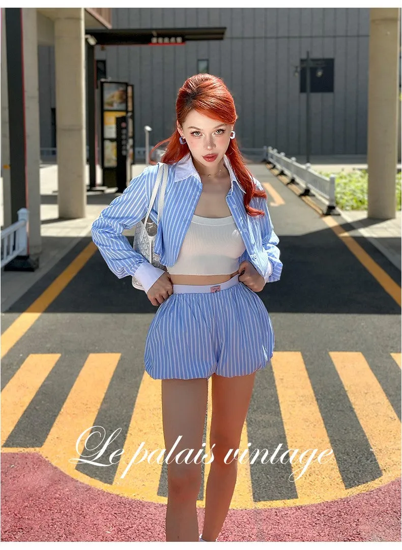 Le Palais Vintage Luxury Blue Striped Crop Shirt Pleated Skirt Pumpkin Shorts-Janetta