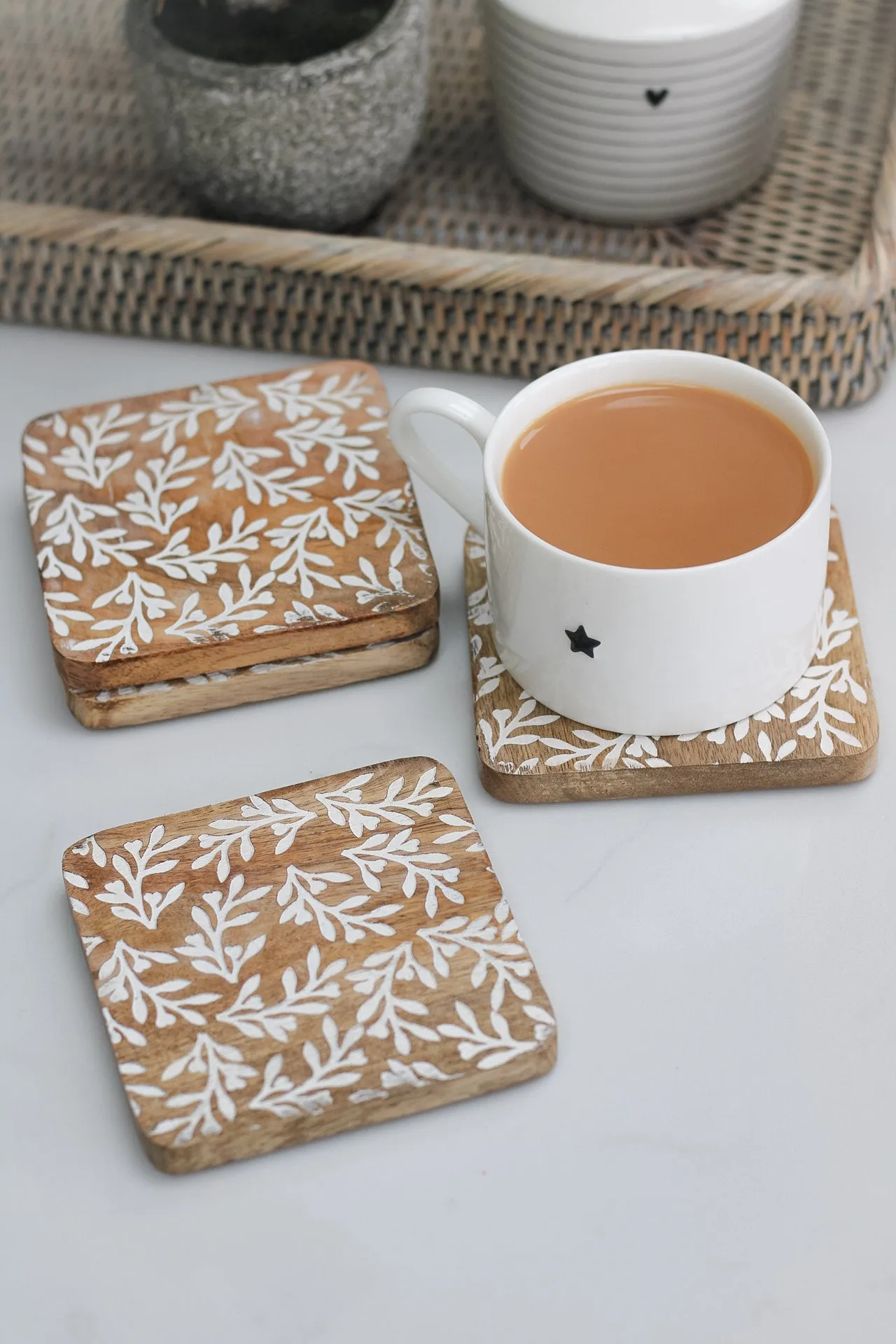 Leaf Patterned Wooden Coasters | Set of 4