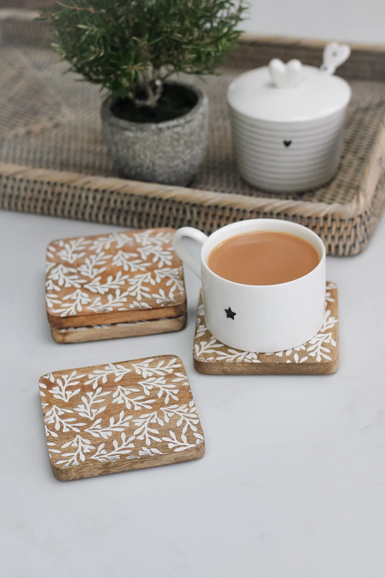 Leaf Patterned Wooden Coasters | Set of 4