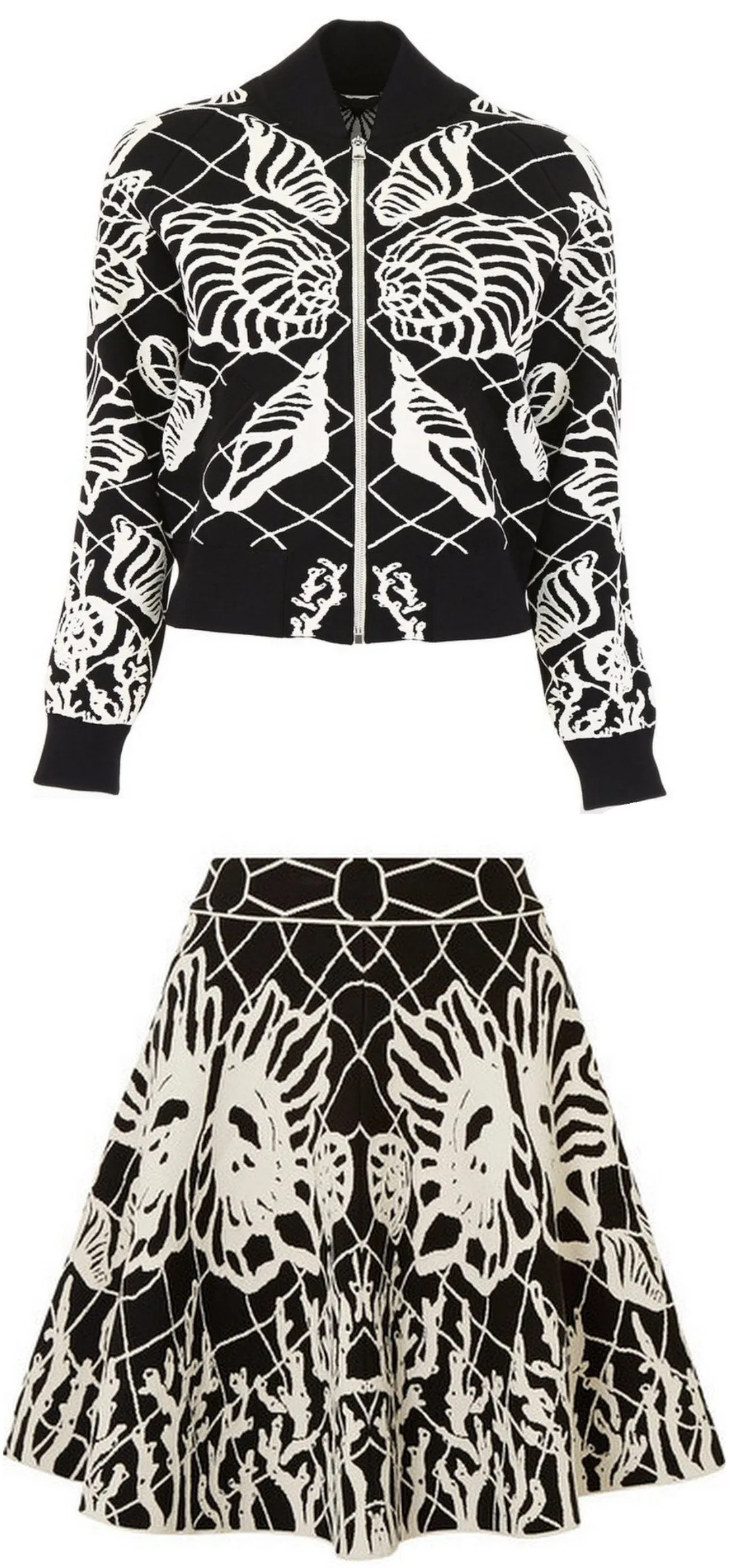 Leaf Print Bomber Jacket and Skirt Set