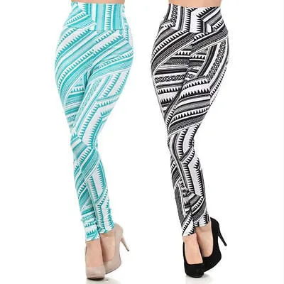 Leggings High Waist Aztec Tribal Black Teal Stretch Skinny Pants Long