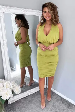 Lime Halter Tie Neck Ruched Midi Bodycon Dress