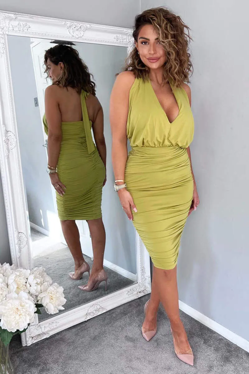 Lime Halter Tie Neck Ruched Midi Bodycon Dress