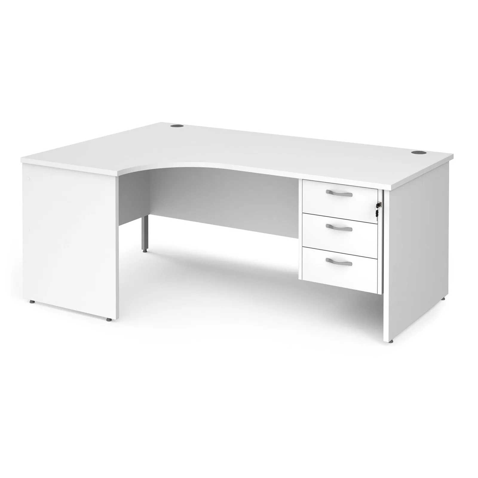 Maestro 25 panel leg left hand ergonomic desk with 3 drawer pedestal