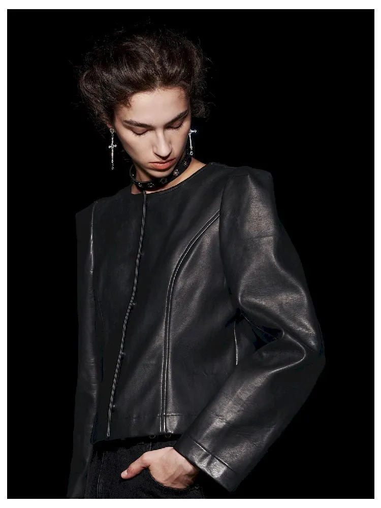 Magnetic snap styling waist slimming leather jacket【s0000005480】