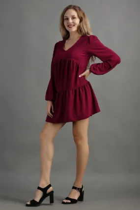 Maroon Solid Frill Dress