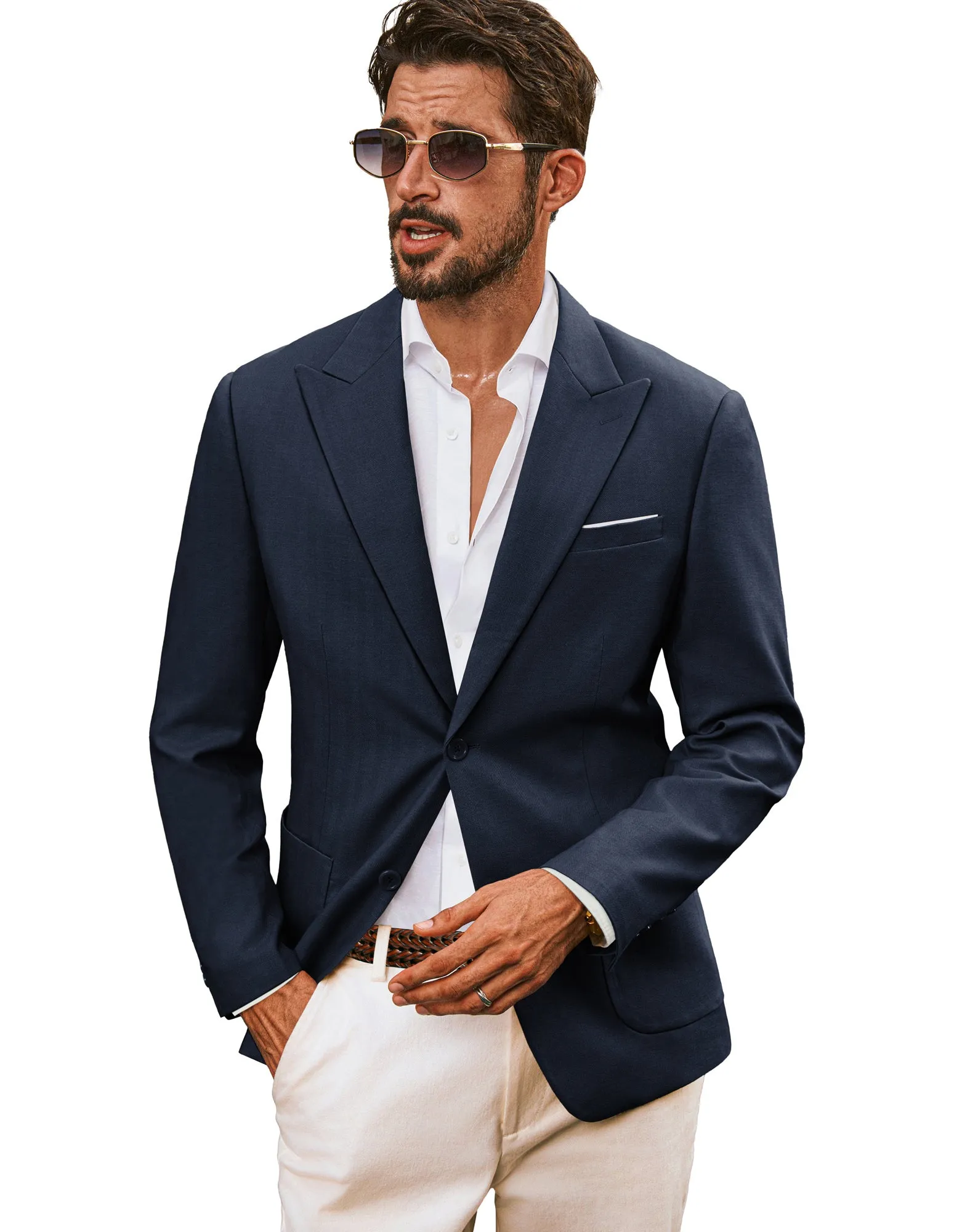 Men Peak Lapel Blazer Coat Casual Back Slit Two-Button Suit Coat