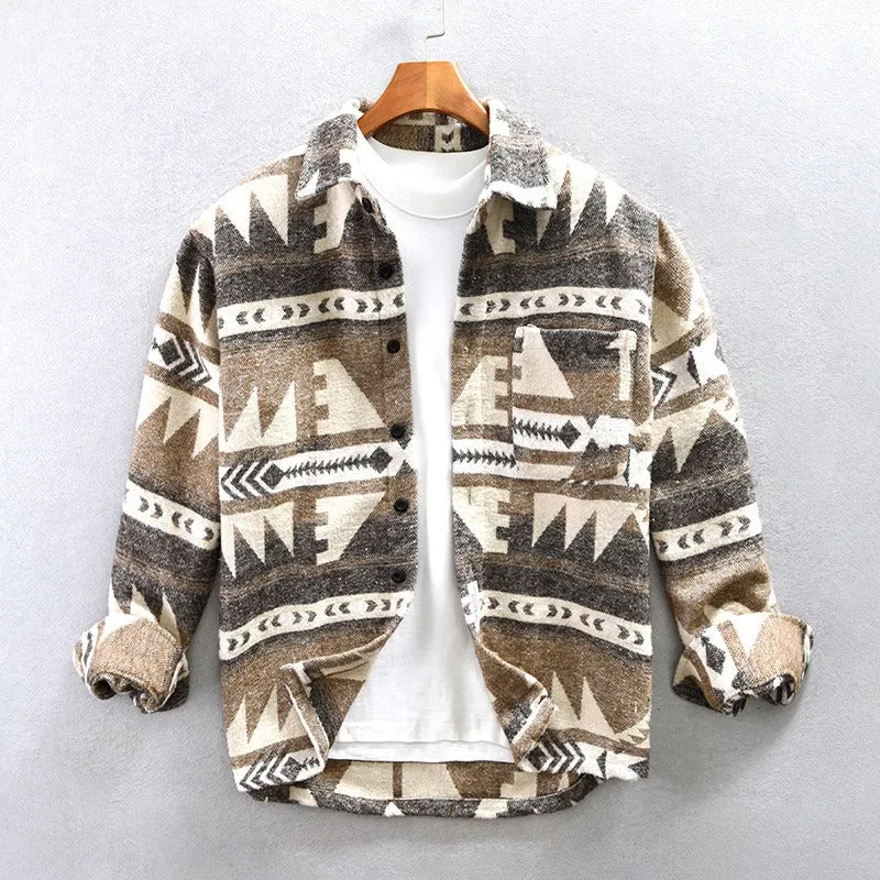 Men's Vintage Loose Fit Ethnic Aztec Geometric Print Shirt Top Pocket Woolen Shacket Plus Size Jacket | SYG-2580