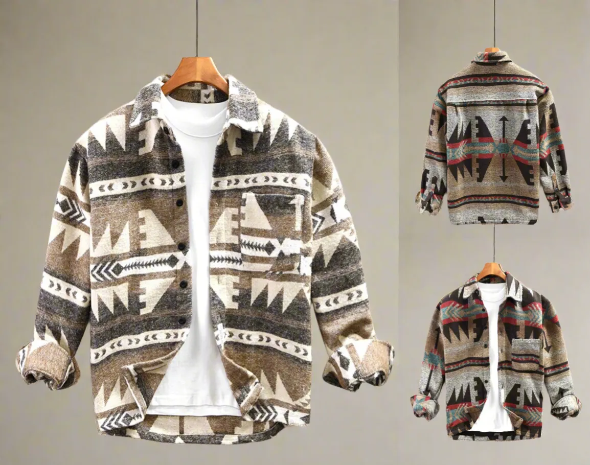 Men's Vintage Loose Fit Ethnic Aztec Geometric Print Shirt Top Pocket Woolen Shacket Plus Size Jacket | SYG-2580