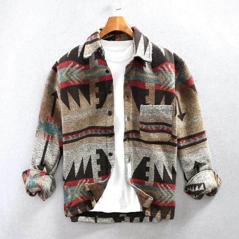 Men's Vintage Loose Fit Ethnic Aztec Geometric Print Shirt Top Pocket Woolen Shacket Plus Size Jacket | SYG-2580