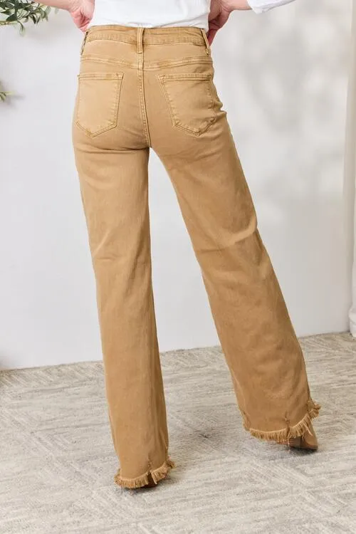 Mocha Color Fringed Hem Wide Leg Jeans