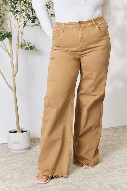 Mocha Color Fringed Hem Wide Leg Jeans