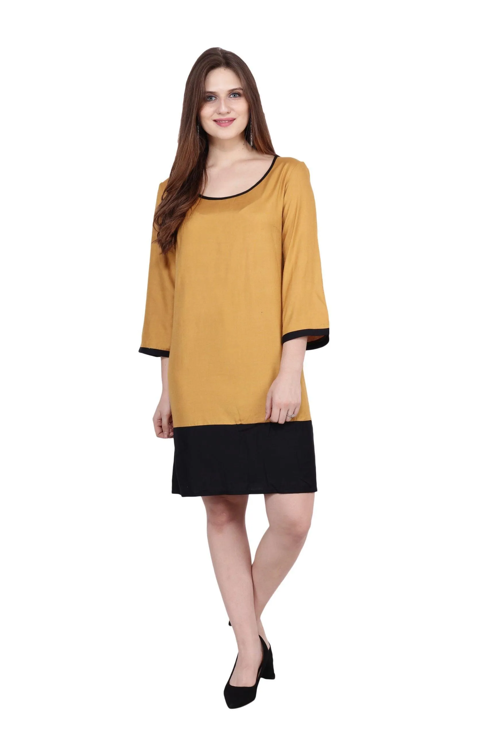 Mustard Solid Dress with Black Border