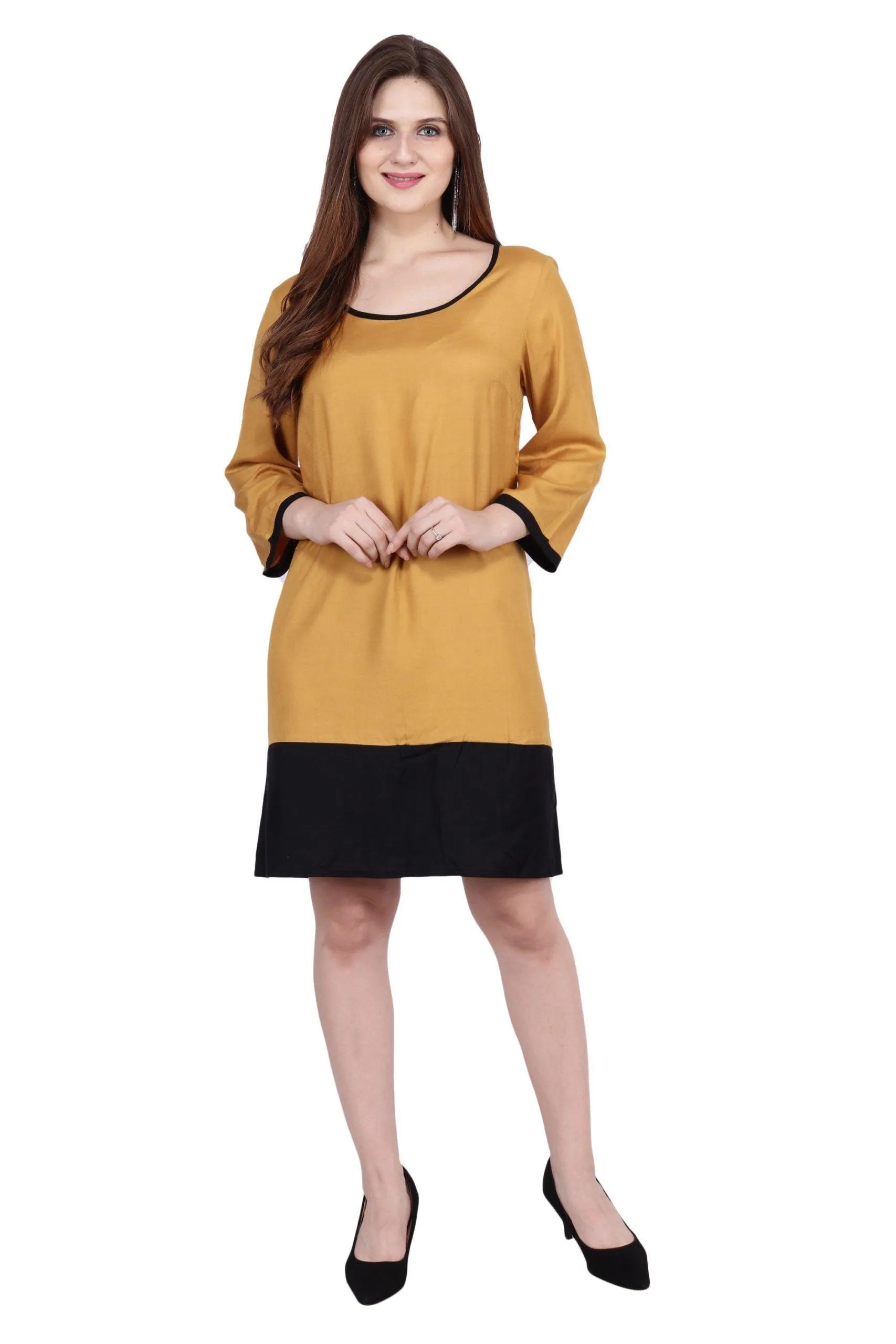 Mustard Solid Dress with Black Border