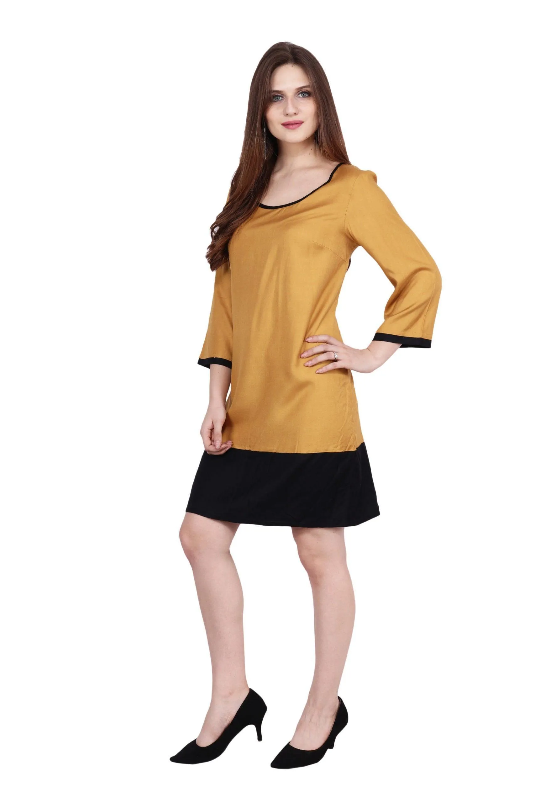 Mustard Solid Dress with Black Border