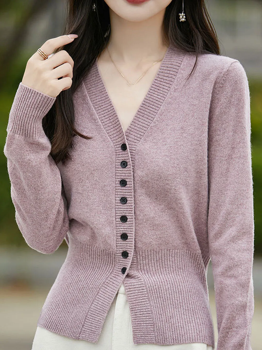 Natalie Casual V-Neck Solid Color Knitted Cardigan