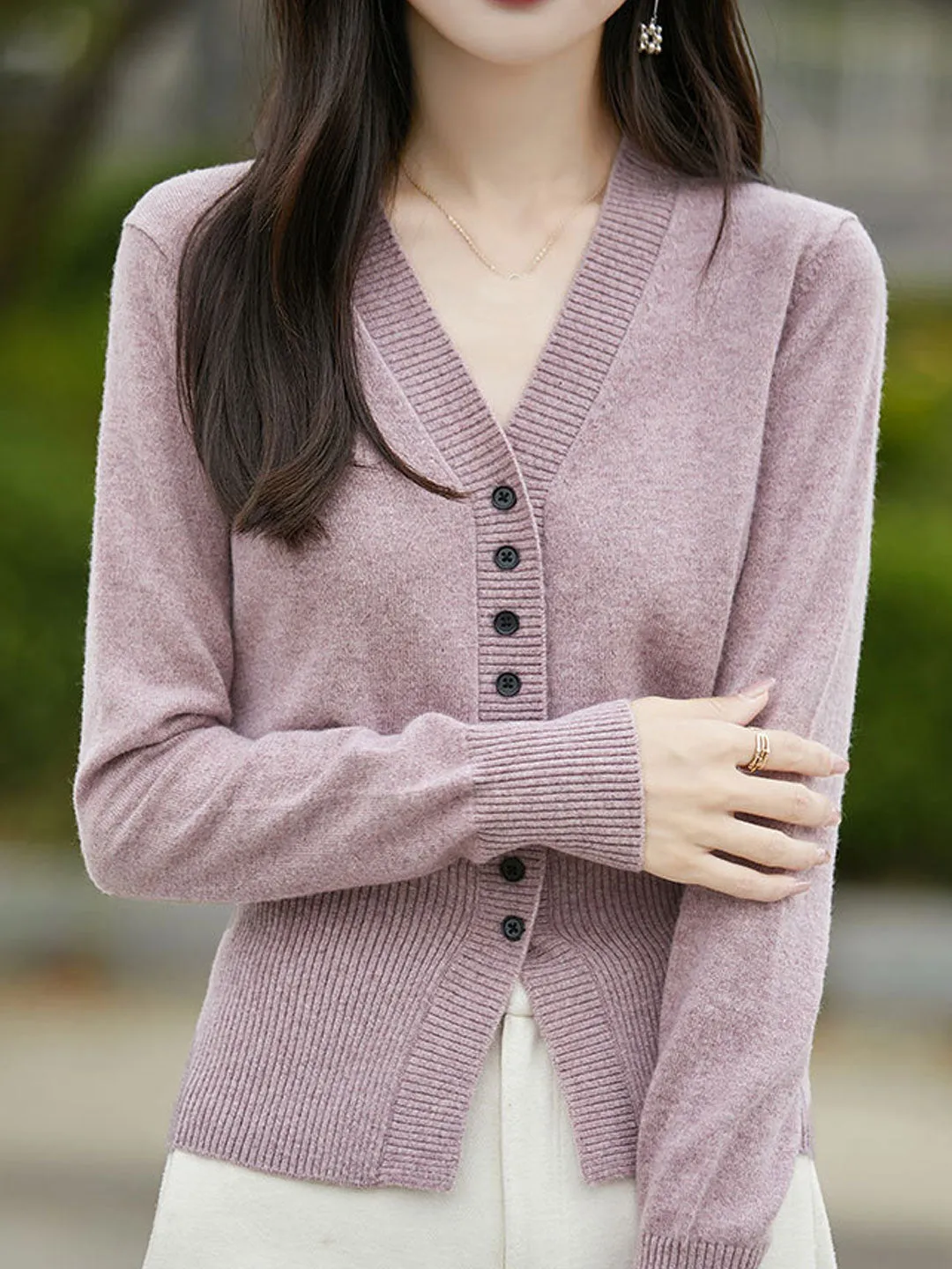 Natalie Casual V-Neck Solid Color Knitted Cardigan