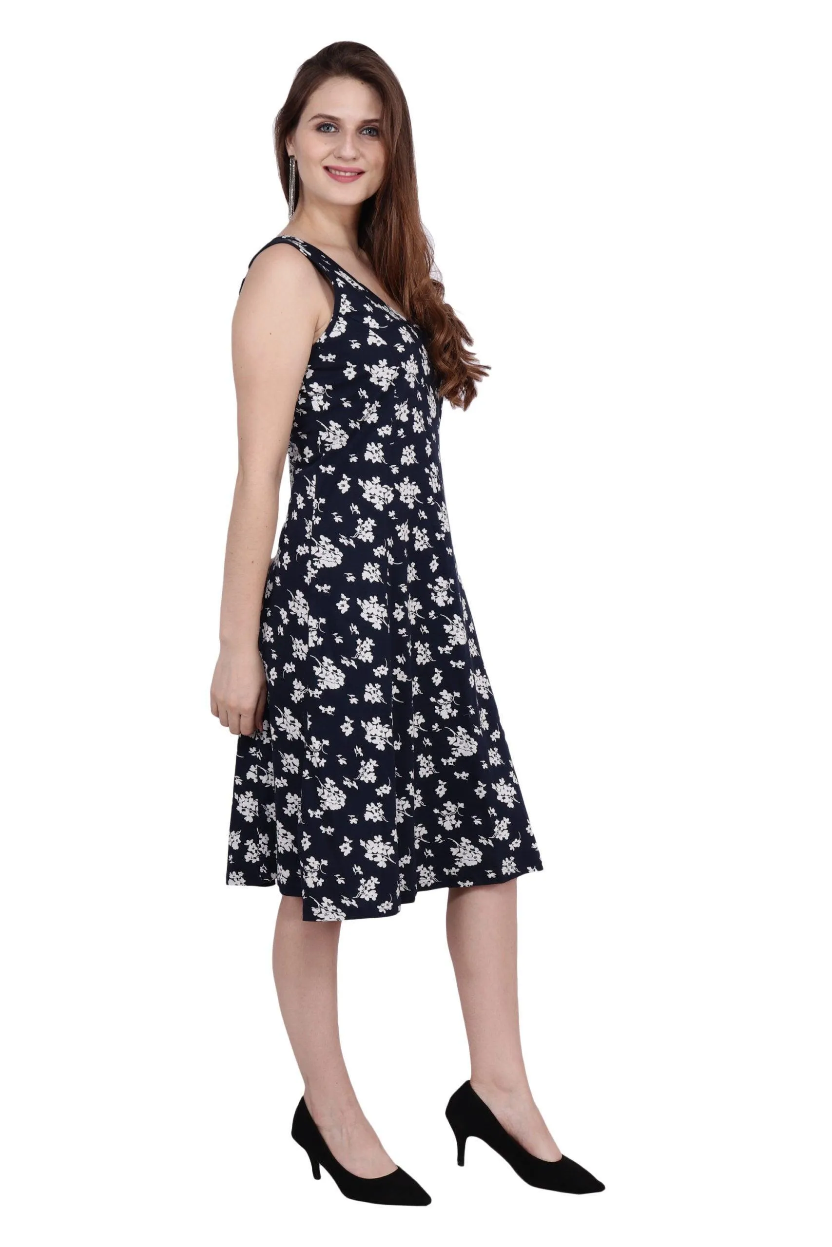 Navy Blue Floral Printed Dress