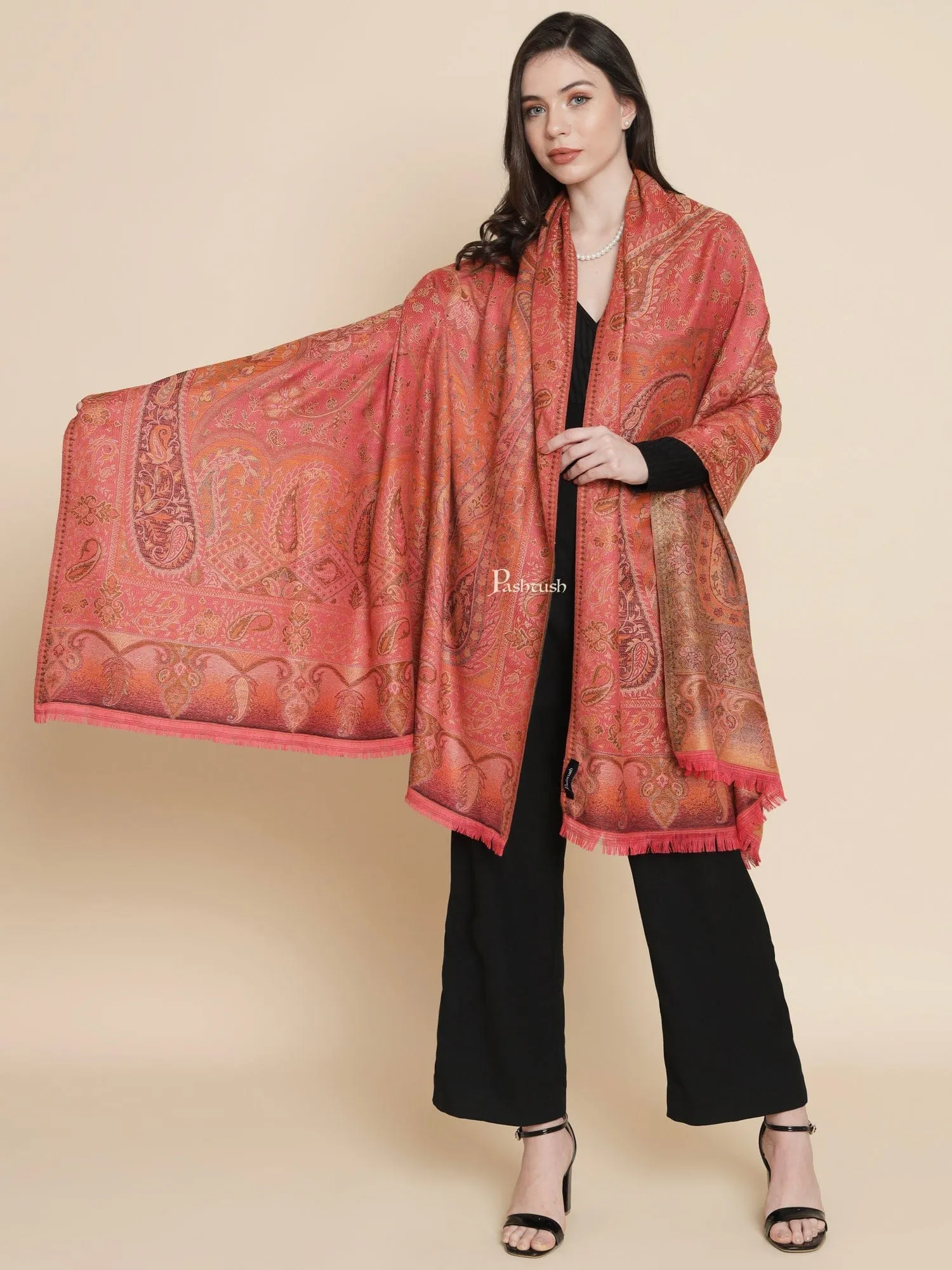 Pashtush Womens, Faux Pashmina, Paisley Woven Jamawar Jacquard Paisley Woven, Rose