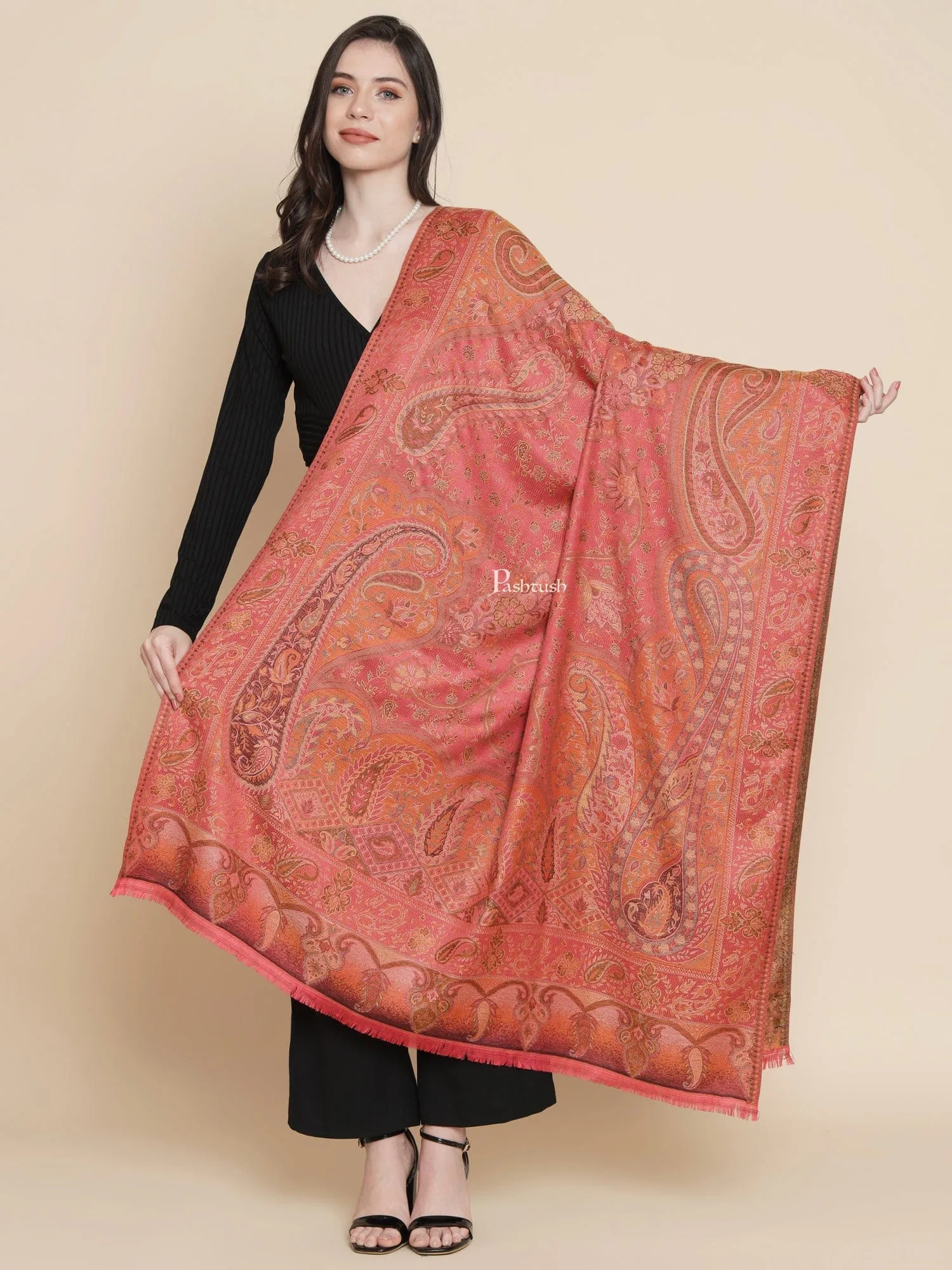 Pashtush Womens, Faux Pashmina, Paisley Woven Jamawar Jacquard Paisley Woven, Rose