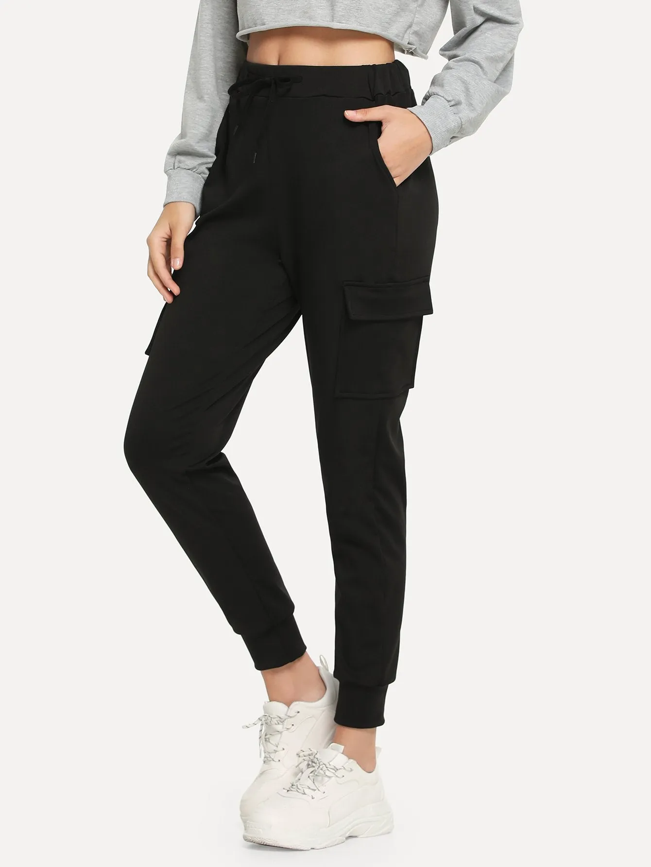 Plain Drawstring Natural Cropped Women Sweatpants