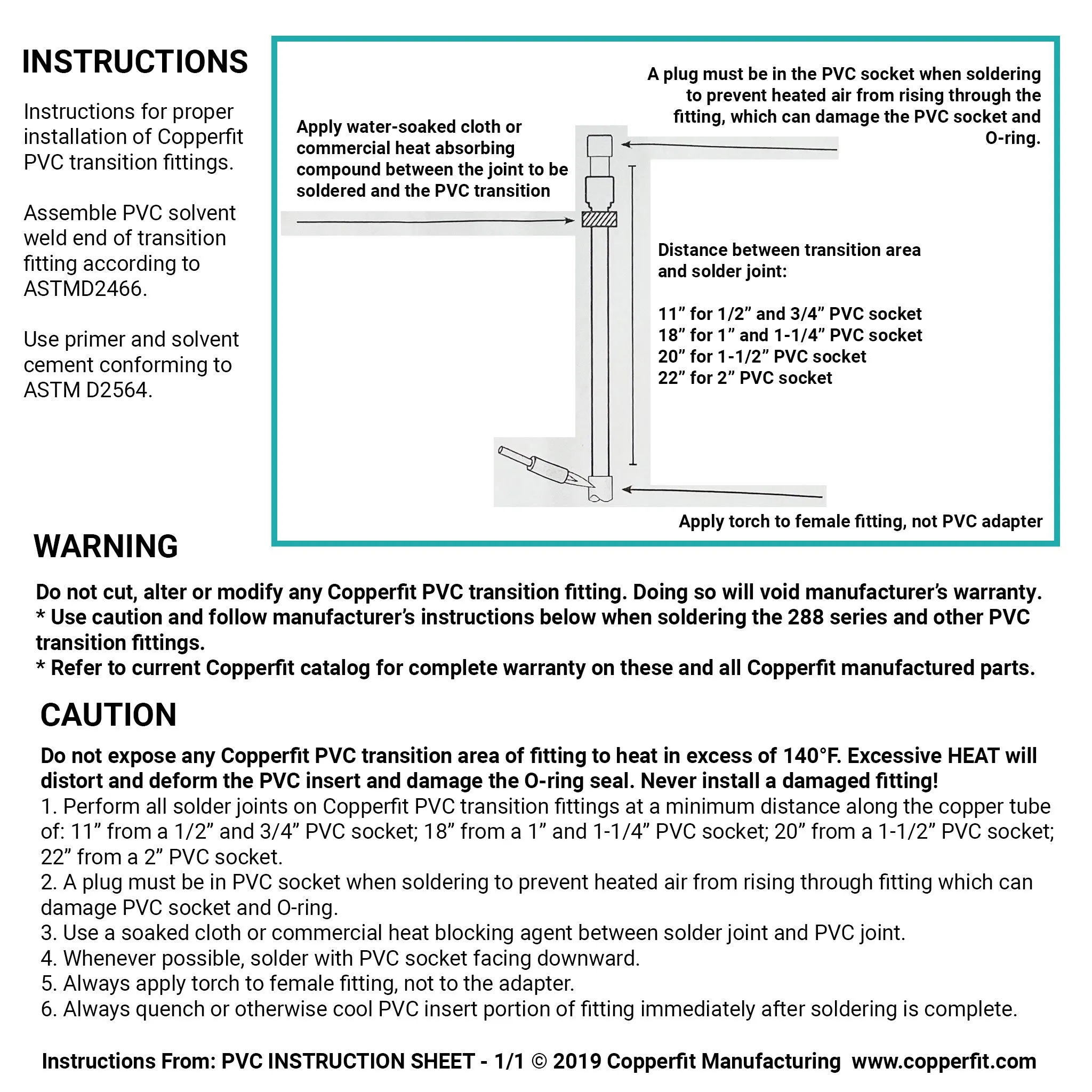 PVC to Copper Straight Adapter 1" x 18" long, Slip x Sweat