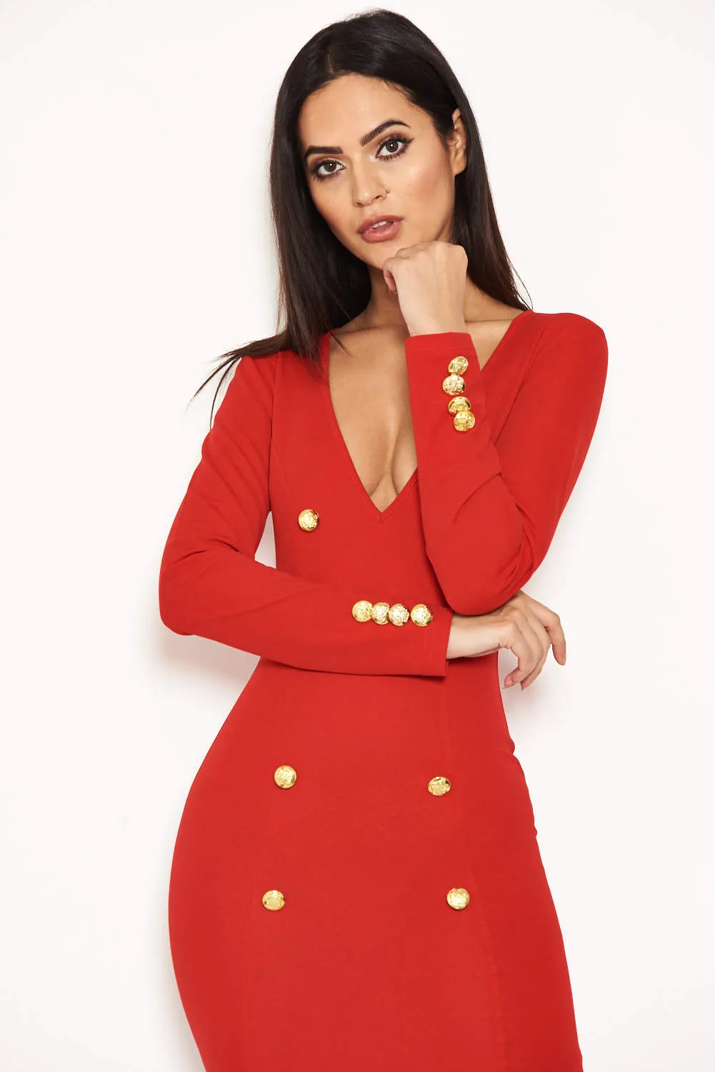 Red Bodycon Button Front Dress