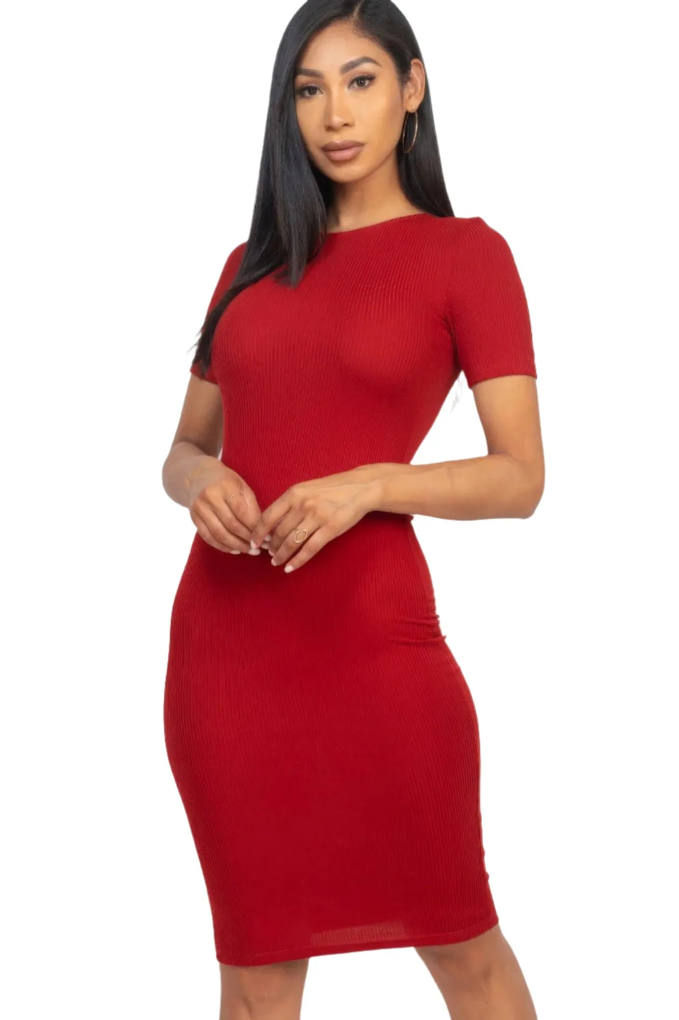 Ribbed Bodycon Midi Dress - Wine