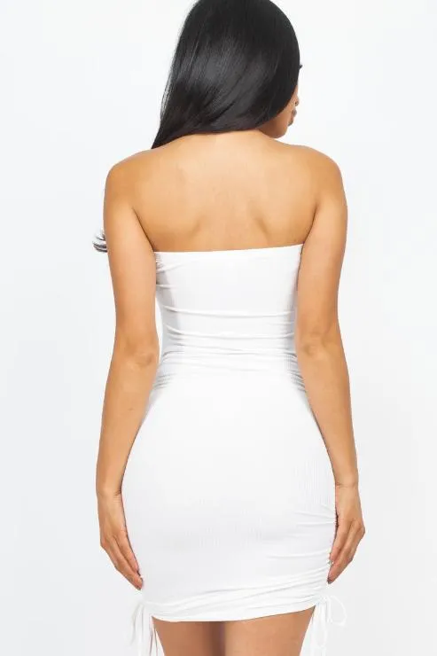 Ribbed Off Shoulder Ruched Drawstring Bodycon Mini Dress