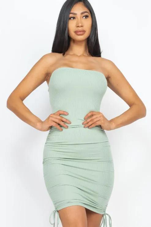 Ribbed Off Shoulder Ruched Drawstring Bodycon Mini Dress