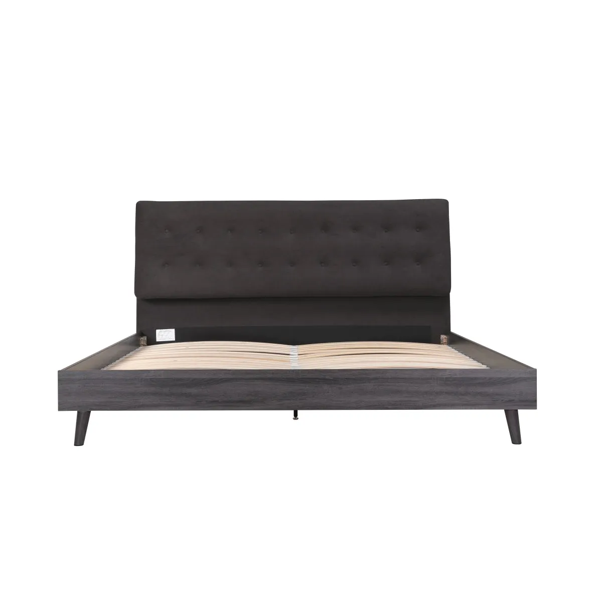 Saiya Mid-Century Modern King Bed with Velvet Upholstered Headboard and Grey Faux Wood Finish