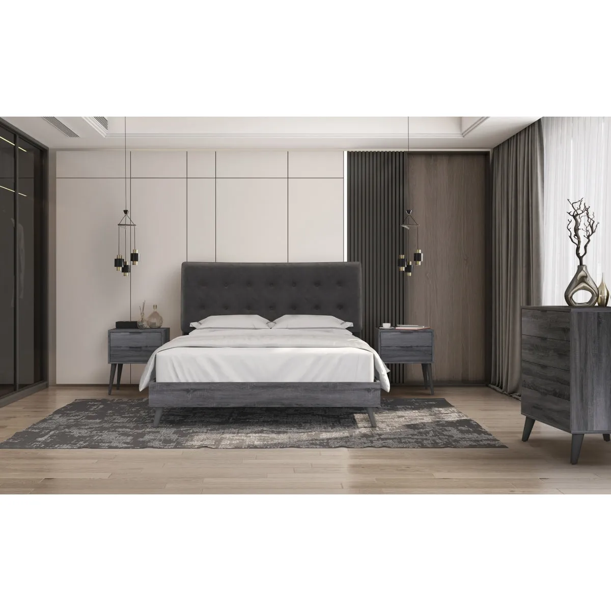 Saiya Mid-Century Modern King Bed with Velvet Upholstered Headboard and Grey Faux Wood Finish