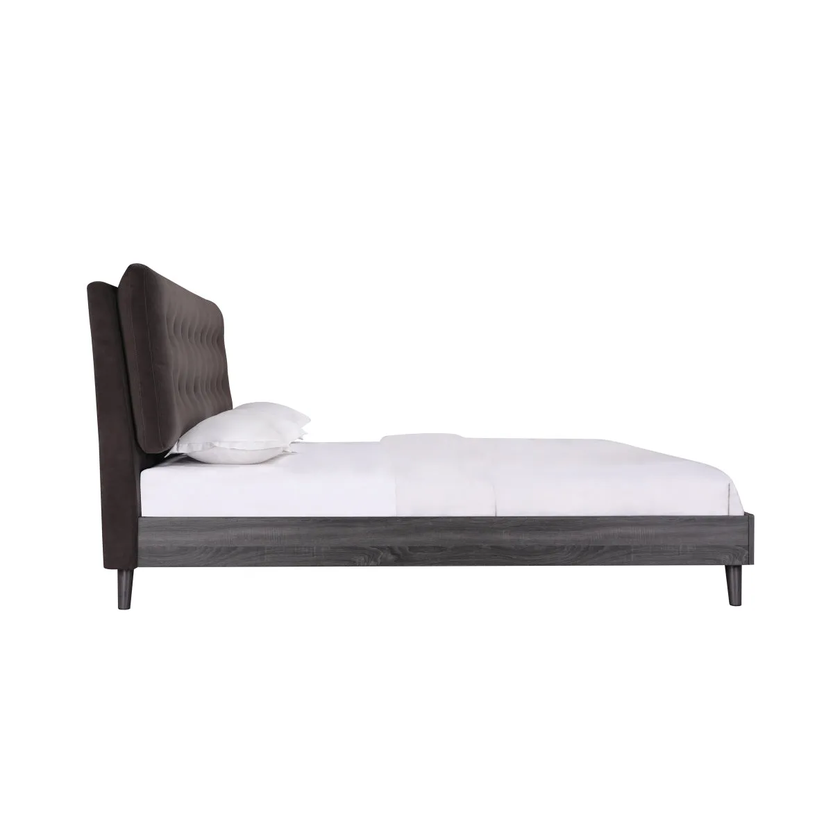 Saiya Mid-Century Modern King Bed with Velvet Upholstered Headboard and Grey Faux Wood Finish