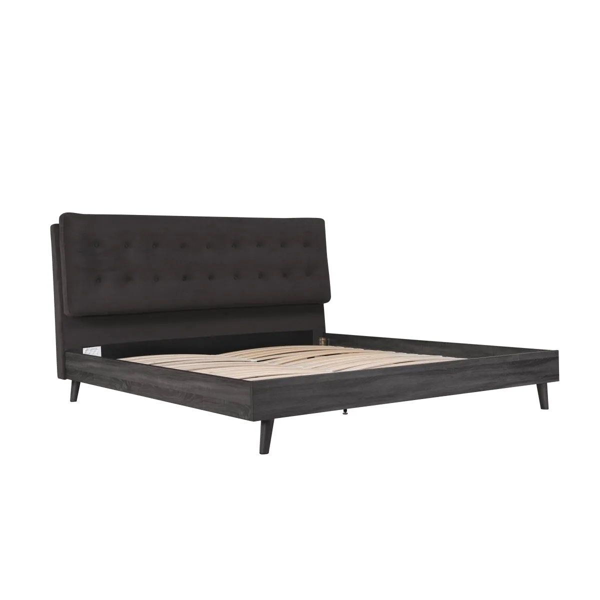 Saiya Mid-Century Modern King Bed with Velvet Upholstered Headboard and Grey Faux Wood Finish