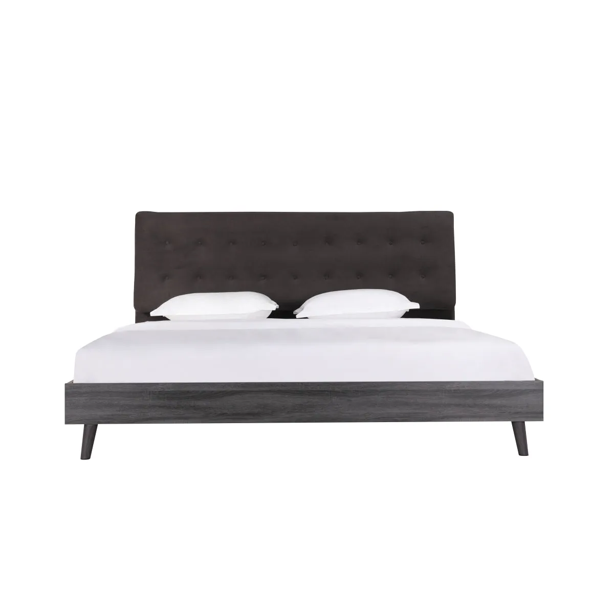 Saiya Mid-Century Modern King Bed with Velvet Upholstered Headboard and Grey Faux Wood Finish