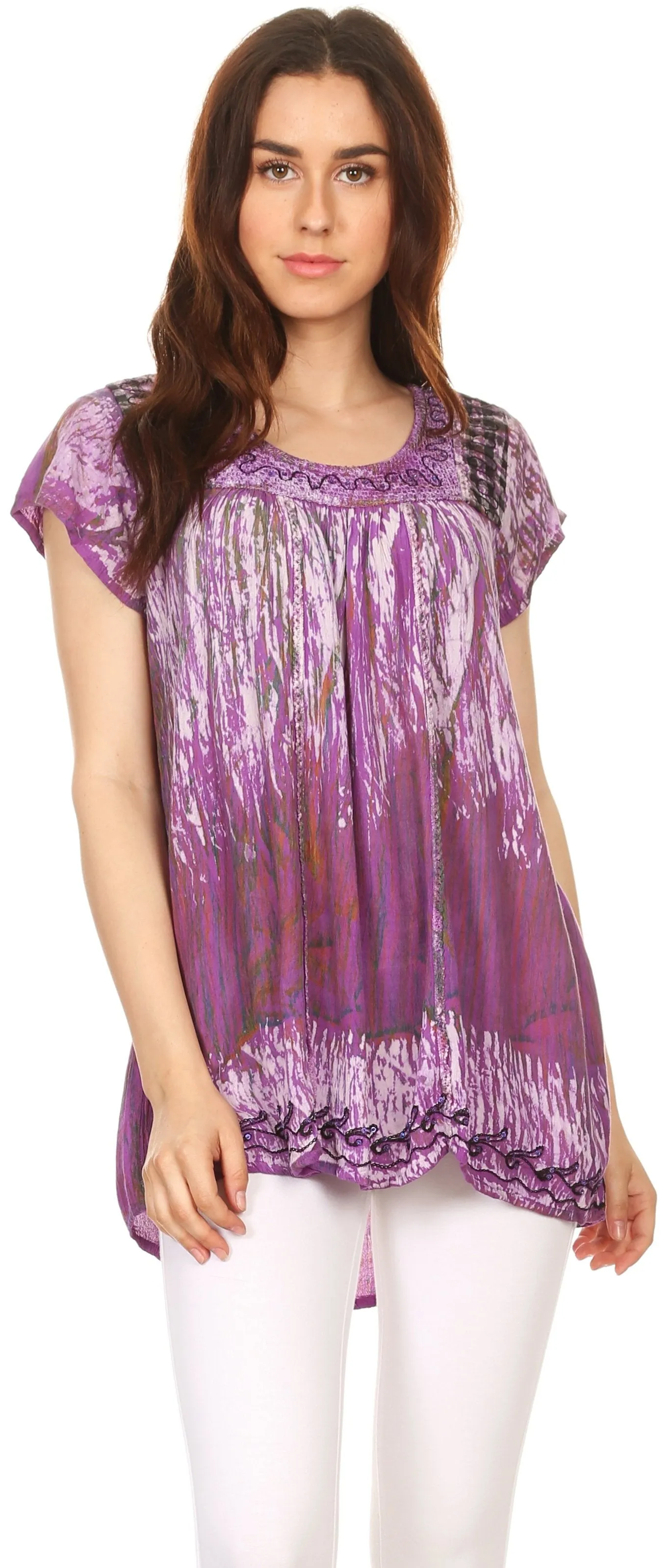 Sakkas Maritza Short Sleeve Batik Top with Crochet Embroidery and Sequins