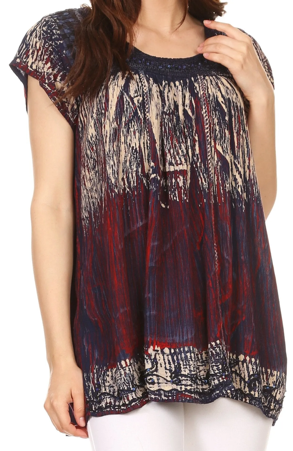 Sakkas Maritza Short Sleeve Batik Top with Crochet Embroidery and Sequins