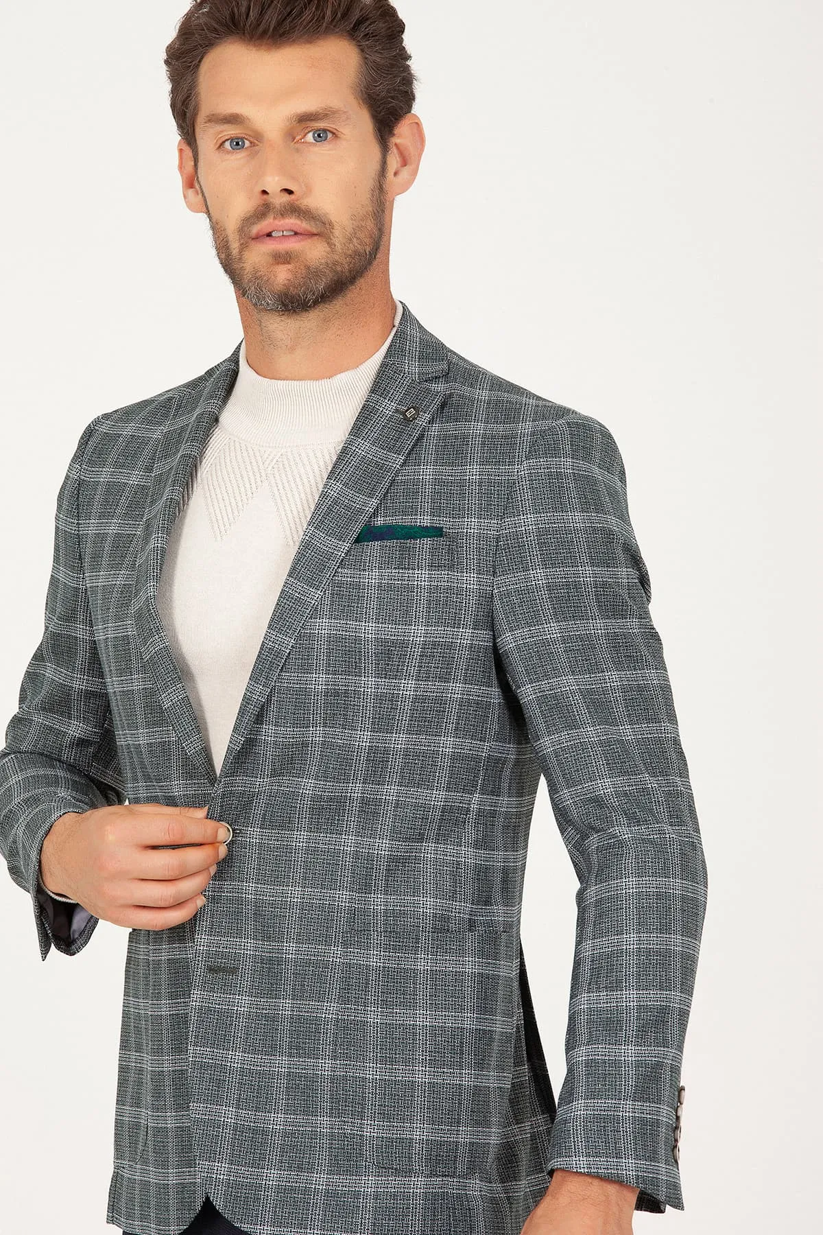 Slim Fit Notch Lapel Plaid Green Classic Blazer