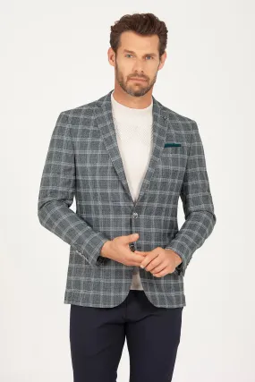 Slim Fit Notch Lapel Plaid Green Classic Blazer